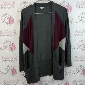 Kismet cardigan open front pockets argyle grey and Burgundy Cardigan